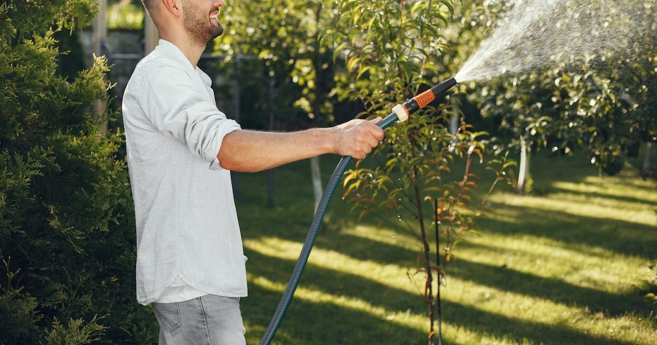 man-in-white-long-sleeve-shirt-watering-plants